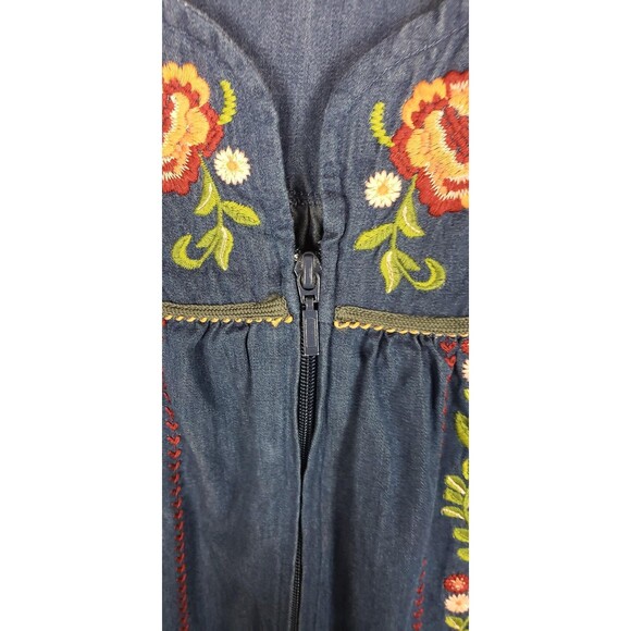 Go Softly House Dress XL Denim Blue Embroidered Floral Zip Patio Grandmacore - Picture 4 of 7